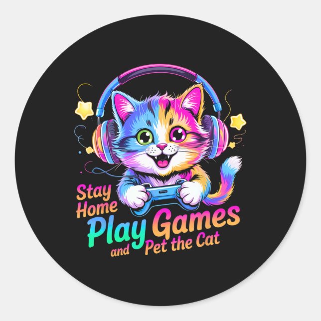 Pegatina Redonda Funny Gamer Cat Stay Home1  (Anverso)