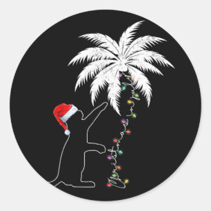 Pegatina Redonda Funny Gato Negro Santa Hat Navidades Hawái En Ju