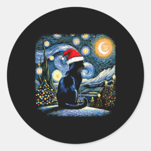 Pegatina Redonda Funny Gato Negro Santa Hat Navidades Noche Merry C
