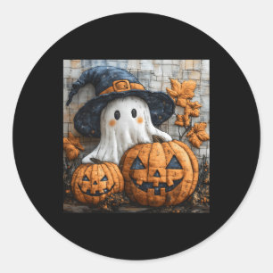 Pegatina Redonda Funny Ghost Calabaza Cuidada Halloween Patchwork A