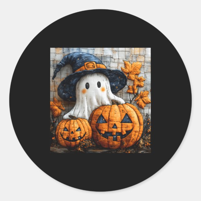 Pegatina Redonda Funny Ghost Pumpkin Cute Halloween Patchwork Art  (Anverso)