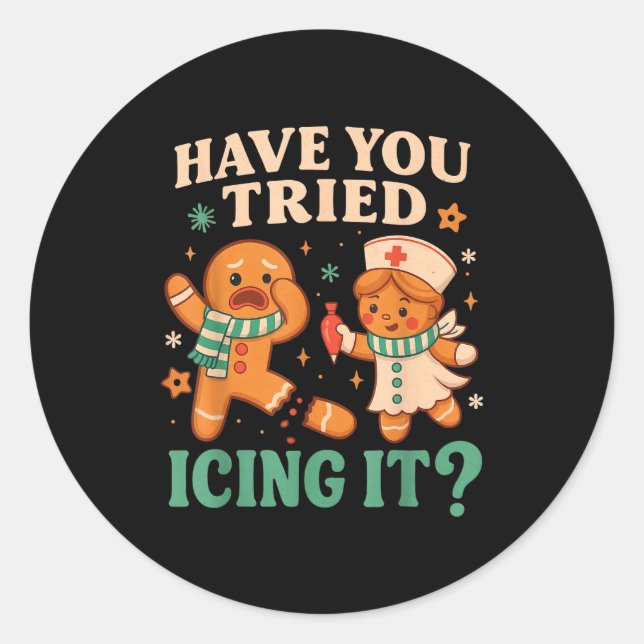 Pegatina Redonda Funny Gingerbread Christmas Pun Have You Tried Ici (Anverso)