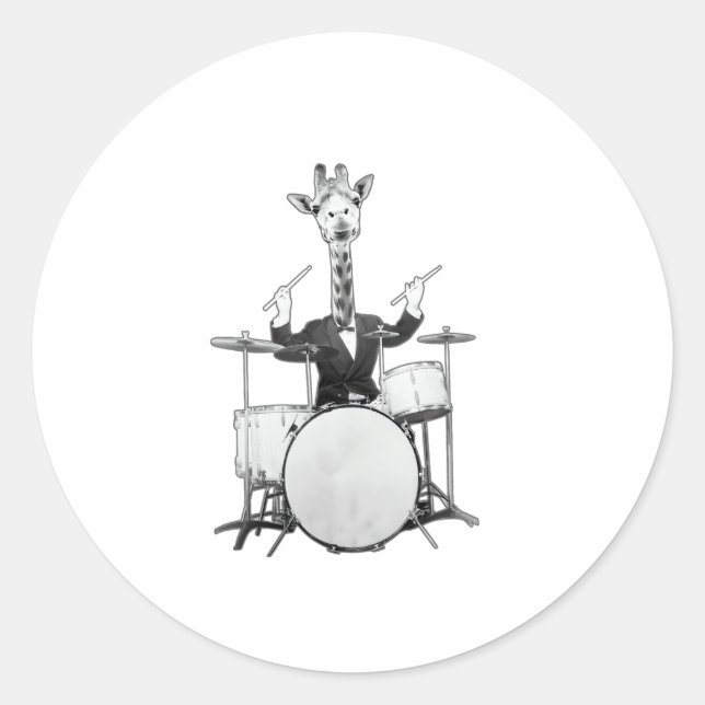 Pegatina Redonda Funny Giraffe Drummer Drummer Drumset Drumsti (Anverso)