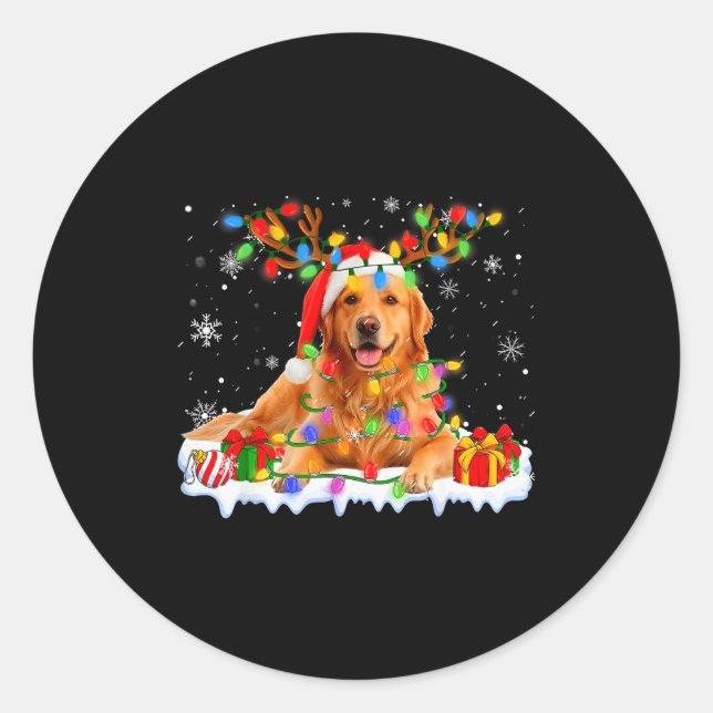 Pegatina Redonda Funny Golden Retriever Christmas Santa Hat Reindee (Anverso)