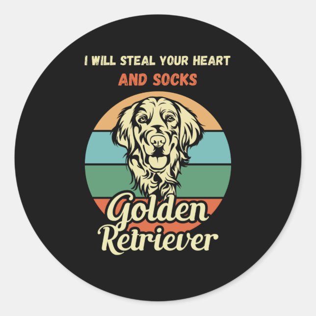 Pegatina Redonda Funny Golden Retriever Sock Thief. Perro gracioso (Anverso)