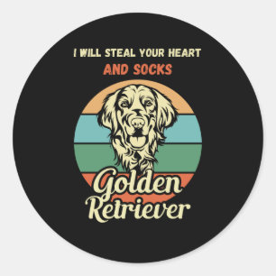 Pegatina Redonda Funny Golden Retriever Sock Thief. Perro gracioso
