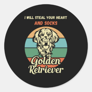 Pegatina Redonda Funny Golden Retriever Sock Thief. Perro gracioso