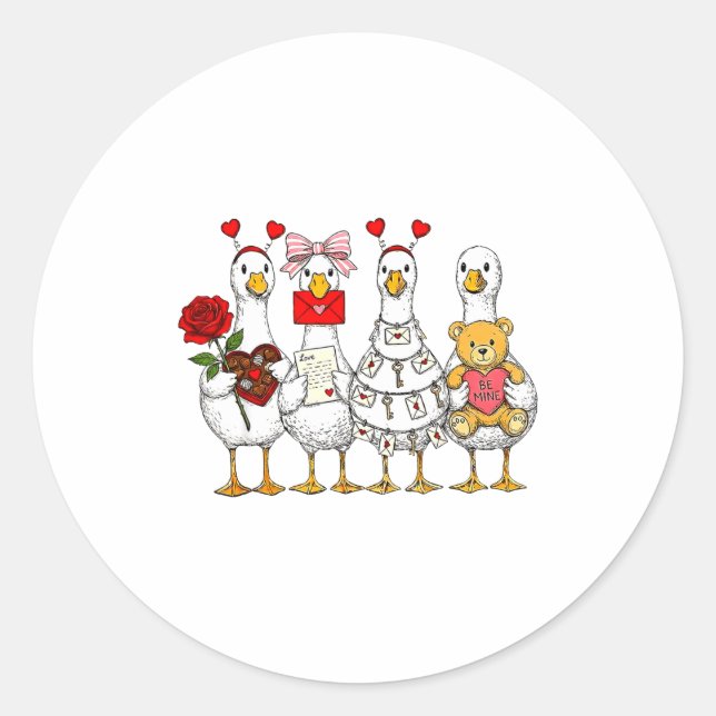 Pegatina Redonda Funny Goose Happy Valentine Goose Cute Heart Lover (Anverso)