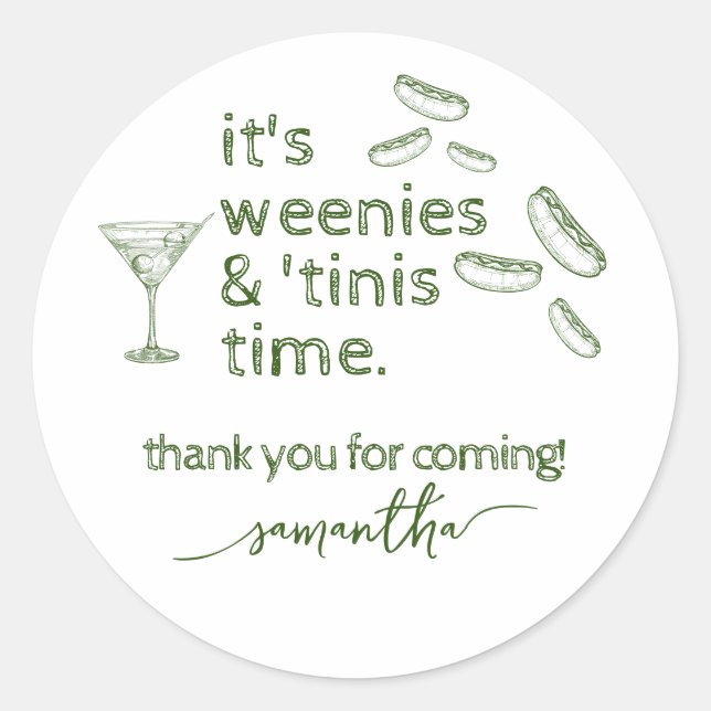 Pegatina Redonda Funny Green Weenies y Tinis Martini Birthday Party (Anverso)