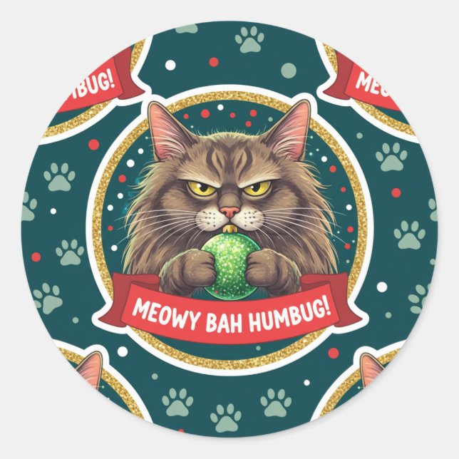 Pegatina Redonda Funny Grumpy Christmas Cat Sticker – Ornament cat (Anverso)