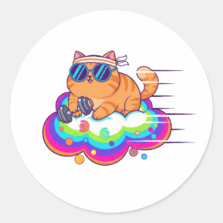 Pegatina Redonda Funny Gym Cat Lifting Dumbbell on Rainbow Cloud