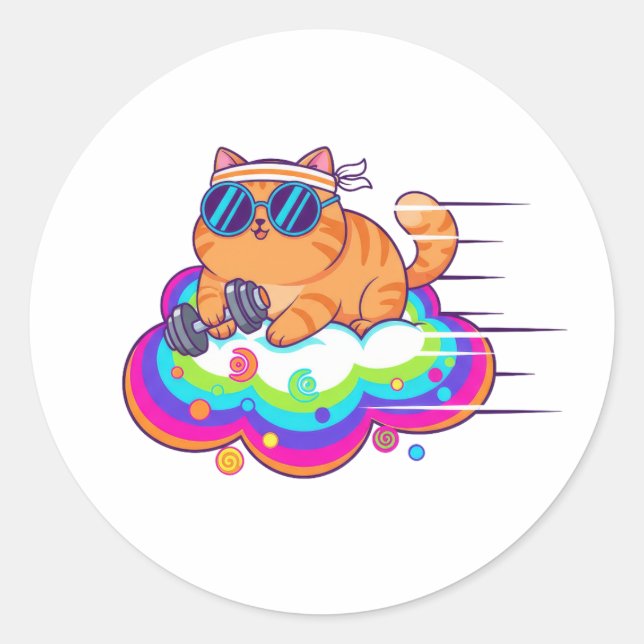 Pegatina Redonda Funny Gym Cat Lifting Dumbbell on Rainbow Cloud (Anverso)