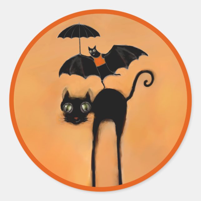 Pegatina Redonda Funny Halloween Black Cat and Bat (Anverso)