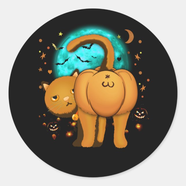 Pegatina Redonda Funny Halloween Cat Butt Naranja de calabaza Tabby (Anverso)