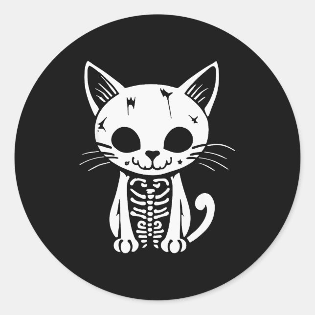 Pegatina Redonda Funny Halloween Skeleton Cat Kitty Costume Skull C (Anverso)