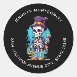 Pegatina Redonda Funny Halloween Skeleton con la dirección Top Hat