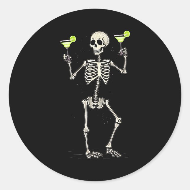 Pegatina Redonda Funny Halloween Skeleton Drinking Margarita Tail  (Anverso)