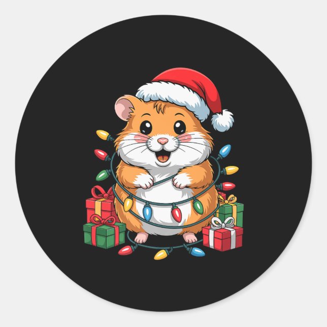 Pegatina Redonda Funny Hamster Santa Hat Animals Lovers Ugly Christ (Anverso)