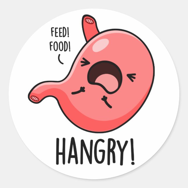 Pegatina Redonda Funny Hangry Hungry Angry Stomach Pun (Anverso)
