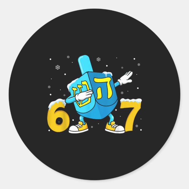 Pegatina Redonda Funny Hanukkah Six Seven Chanukah Dreidel Dabbing  (Anverso)