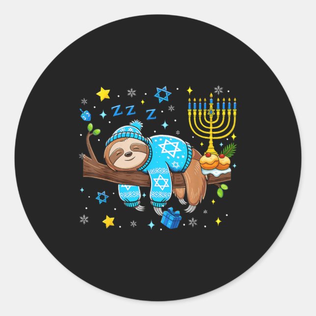 Pegatina Redonda Funny Hanukkah Sloth Jewish Chanukah Sleeng Hanukk (Anverso)