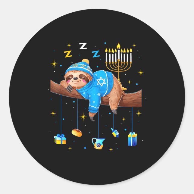 Pegatina Redonda Funny Hanukkah Sloth Jewish Chanukah Sleeng Hanukk (Anverso)