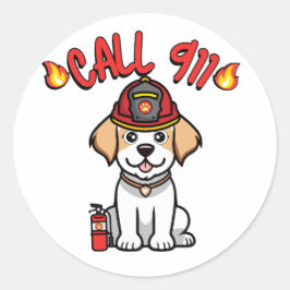 Pegatina Redonda Funny Happy dog es un bombero