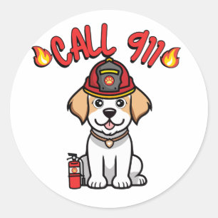 Pegatina Redonda Funny Happy dog es un bombero