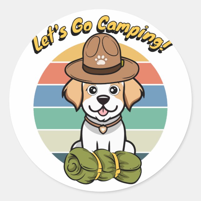 Pegatina Redonda Funny Happy dog quiere ir de campamento (Anverso)