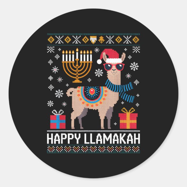 Pegatina Redonda Funny Happy Llamakah Llama With Menorah  (Anverso)
