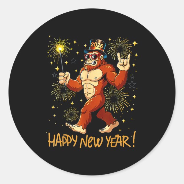 Pegatina Redonda Funny Happy New Year 2026 Bigfoot Lovers New Years (Anverso)