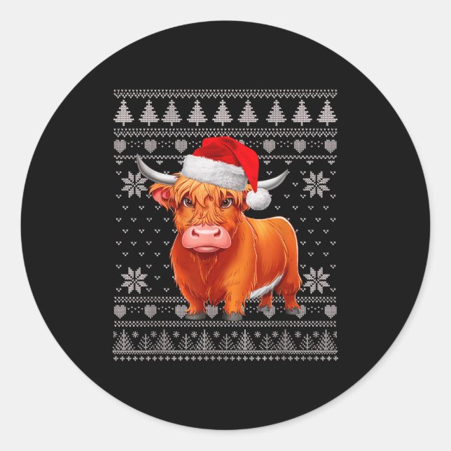 Pegatina Redonda Funny Highland Cow Ugly Christmas Sweater Santa Xm (Anverso)