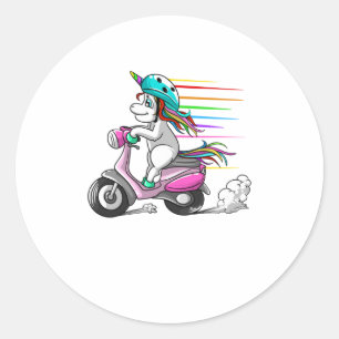 Pegatina Redonda Funny Horn Ho de Guay Unicornio montando en Scoote