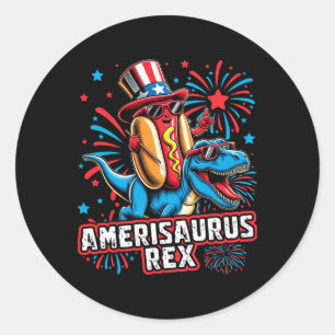 Pegatina Redonda Funny Hotdog T Rex Dinosaur 4 De Julio Amerisauru