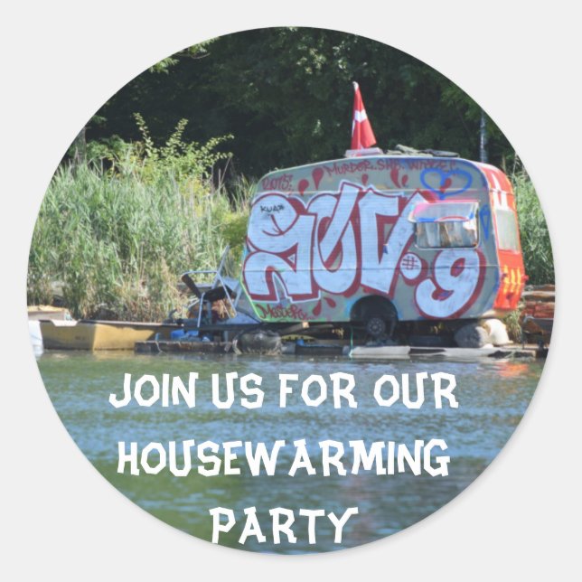 Pegatina Redonda Funny House Warming Fiesta (Anverso)
