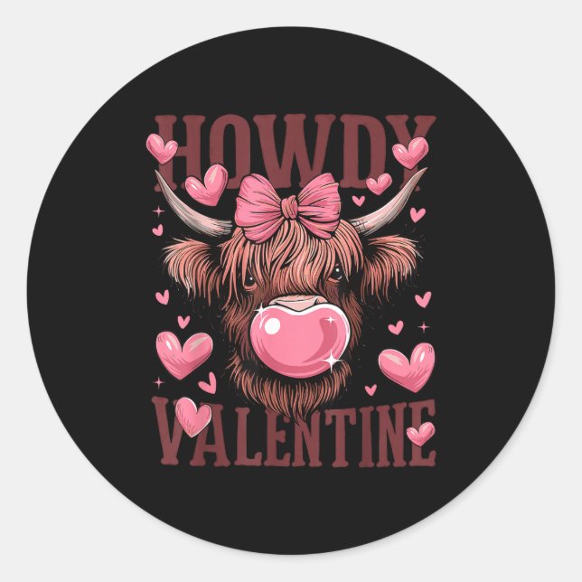 Pegatina Redonda Funny Howdy Valentine Highland Cow Valentine’s Day (Anverso)