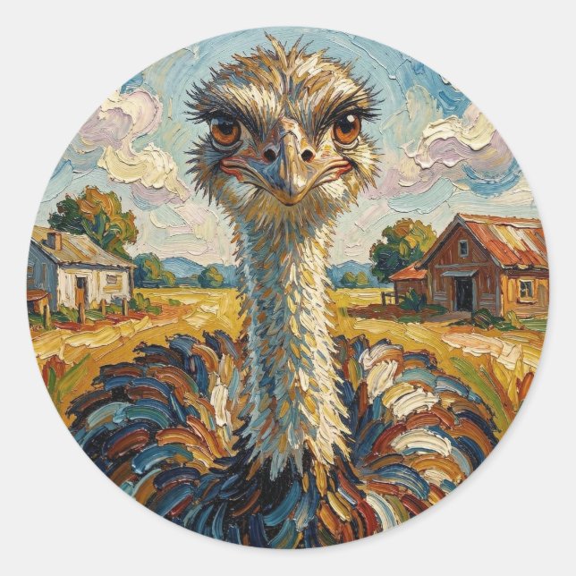 Pegatina Redonda Funny Impasto Ostrich on a Ranch  (Anverso)
