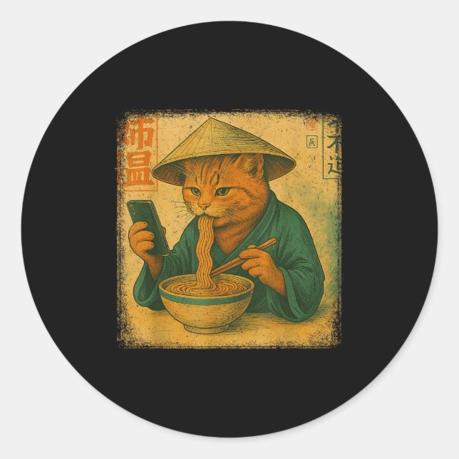 Pegatina Redonda Funny Japanese Cat Eat Ramen And Scroll Phone Anim (Anverso)