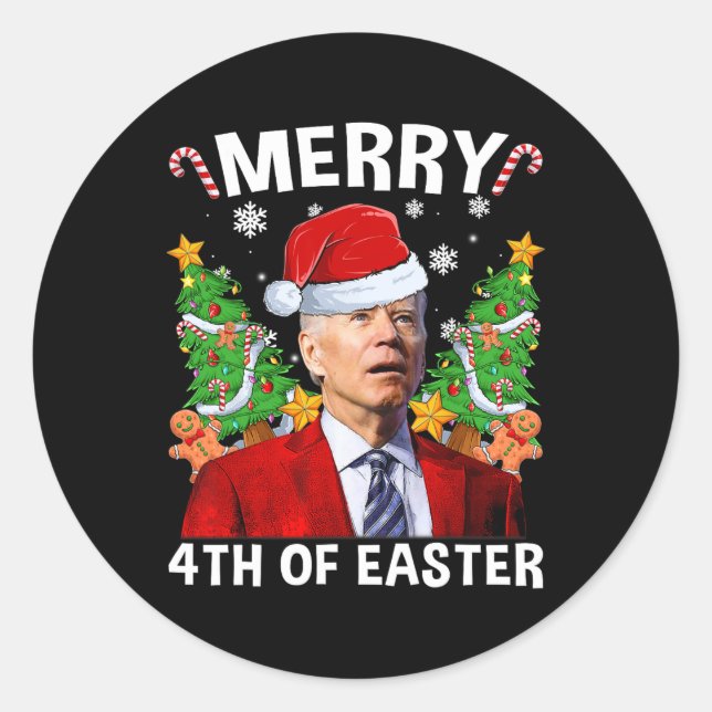 Pegatina Redonda Funny Joe Biden Navidades Santa Hat Merry 4 de E (Anverso)