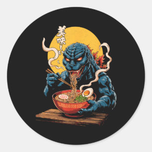 Pegatina Redonda Funny Kaiju comiendo Ramen Monstruo japonés Lover