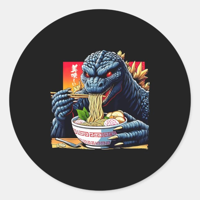 Pegatina Redonda Funny Kaiju Eating Ramen Japanese Monster Lover Bi (Anverso)
