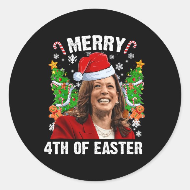 Pegatina Redonda Funny Kamala Harris Navidades Santa Hat Merry 4 (Anverso)