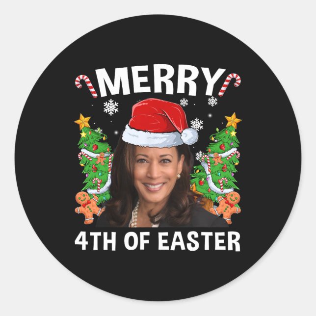 Pegatina Redonda Funny Kamala Harris Navidades Santa Hat Merry 4 (Anverso)