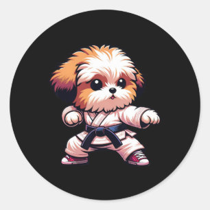Pegatina Redonda Funny Karate Bolonka Humor de perro Artes Marciale