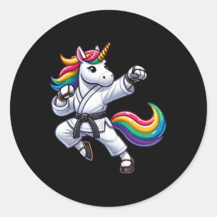 Pegatina Redonda Funny Karate Unicorn Chicas de atletas del cinturó