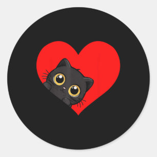 Pegatina Redonda Funny Kawaii Black Cat Día de San Valentín Heart M