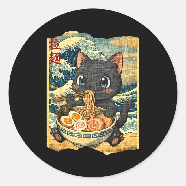 Pegatina Redonda Funny Kawaii Black Cat Ramen Noodle Bowl Japanese  (Anverso)