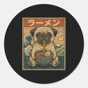 Pegatina Redonda Funny Kawaii Ramen Pug Noodles Japoneses Comer Pug
