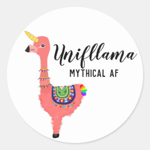 Pegatina Redonda Funny Kawaii Unicorn Flamingo Llama Mítico AF