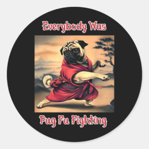 Pegatina Redonda Funny Kung Fu Pug Cute Karate Pug Humorístico Tee